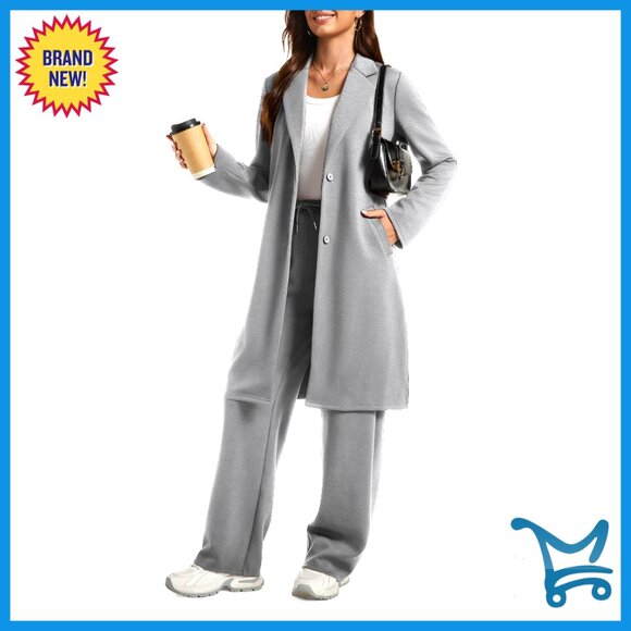 Pants - Soft 2-Piece Lounge Set with Notched Collar Coatigan and Wide Leg Pants